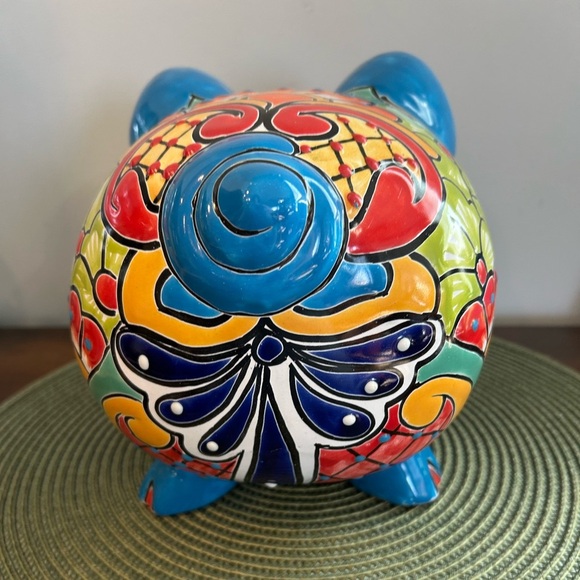 NEW Blue /Flower Mexican Talavera Hand Painted Piggy Bank Clay Colorful Folk Art - Picture 4 of 10